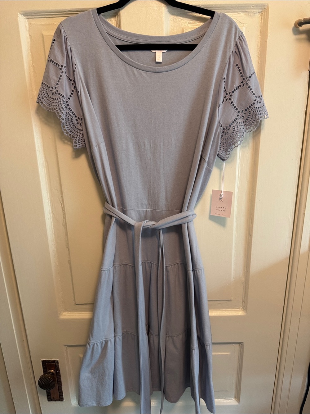 LC Lauren Conrad Periwinkle Tie-Belt Tiered Dress with Eyelet Sleeves